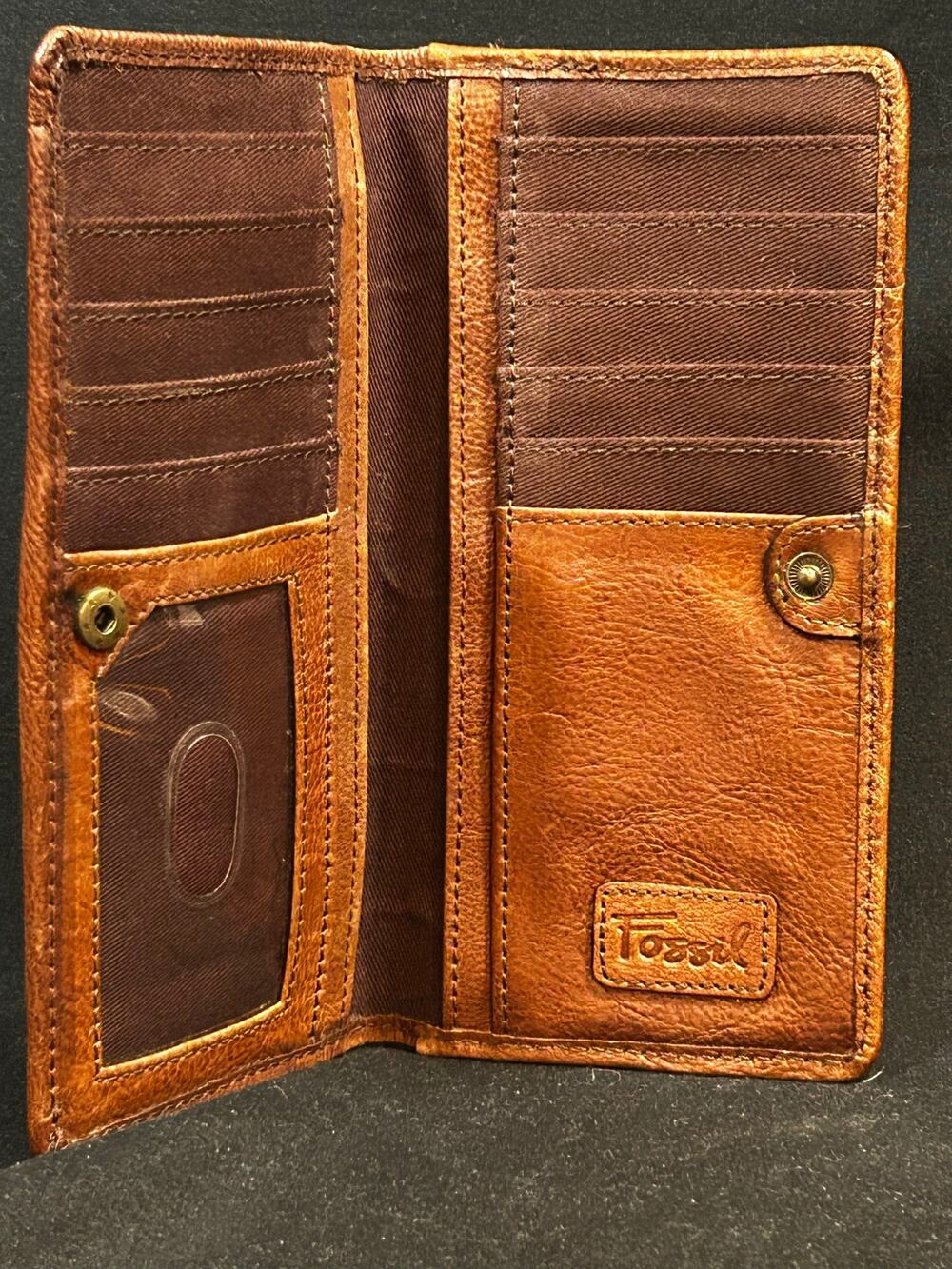 Fossil Cognac Leather Floral Embossed Wallet Embroidered Zip Clutch Organizer